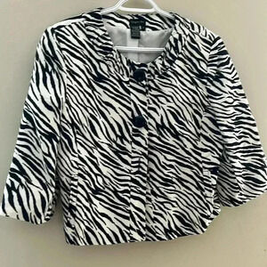[US10] Chapter One Lined  Zebra Print 3/4 Sleeve Linen Blend Button Up Jacket